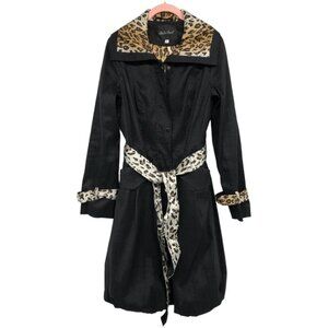 Bella Fare Black Cheetah Print Trim Lining retro slim fit Trench Coat size M
